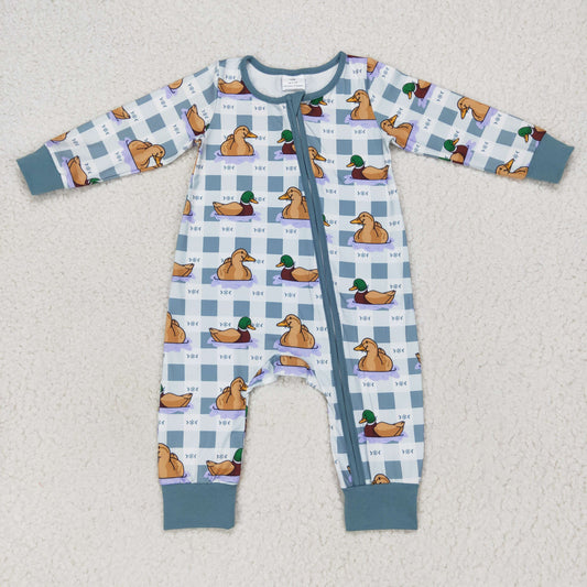 LR0657 Baby Boy Long Sleeves Ducks Plaid Zipper One Piece Romper