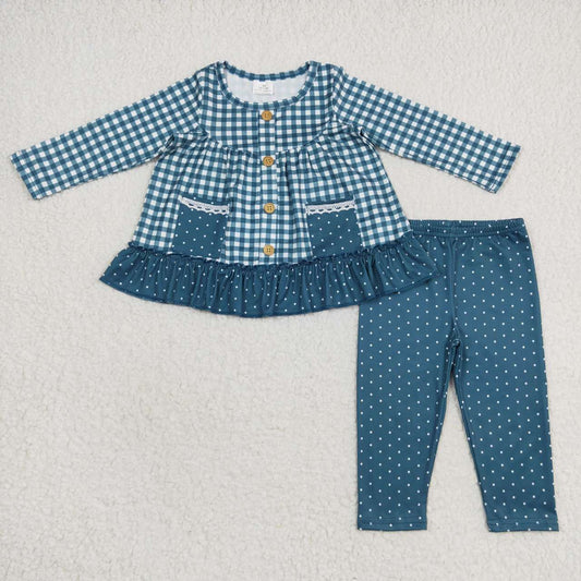 GLP0823 Baby Girl Long Sleeves Plaid Pocket Tunic Pants Outfit