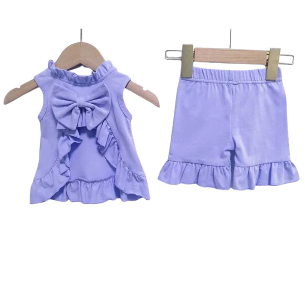 Moq 3 Pre-order GSSO0520 Baby Girl Sleeveless Cotton Open Back Tops Shorts Purple Set