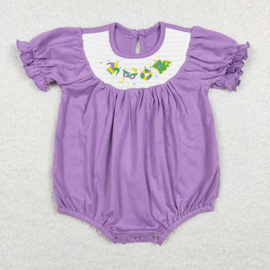 SR0472 Baby Girl Mardi gras Embroidery Short Sleeves Purple Romper