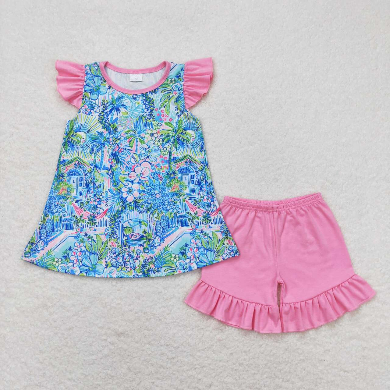 Baby Girl Short Sleeves Floral Tops Pink Cotton Shorts Set