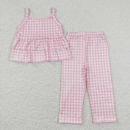 GSPO1380 Baby Girl Sleeveless Pink Plaid Tops Pants Set