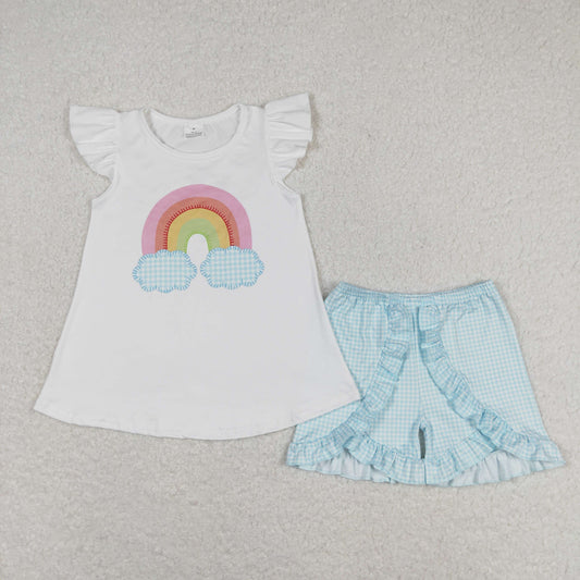 Baby Girl Short Sleeves Rainbow Tops Blue Plaid Shorts Set