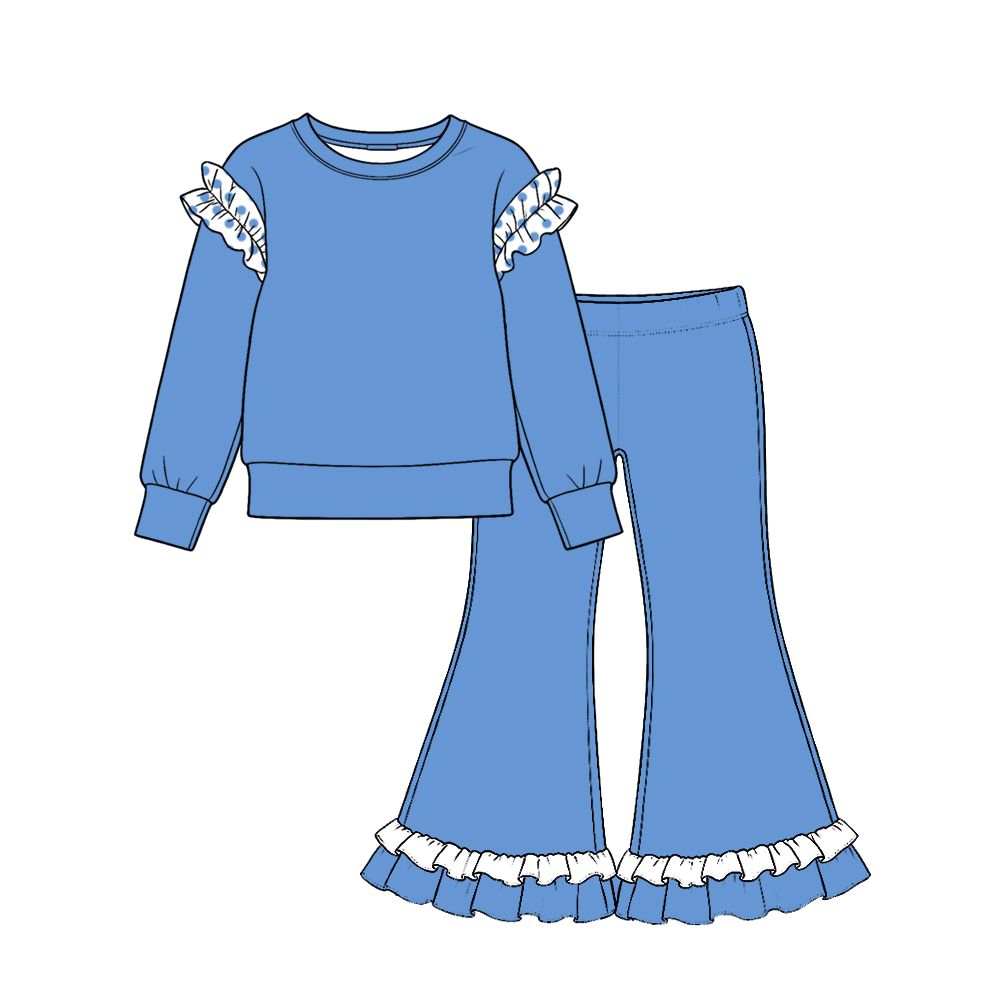 ( Moq 5 ) Preorder Baby Girls Kids Blue Long Sleeves Shirt Ruffle Pants Set Cotton Clothes