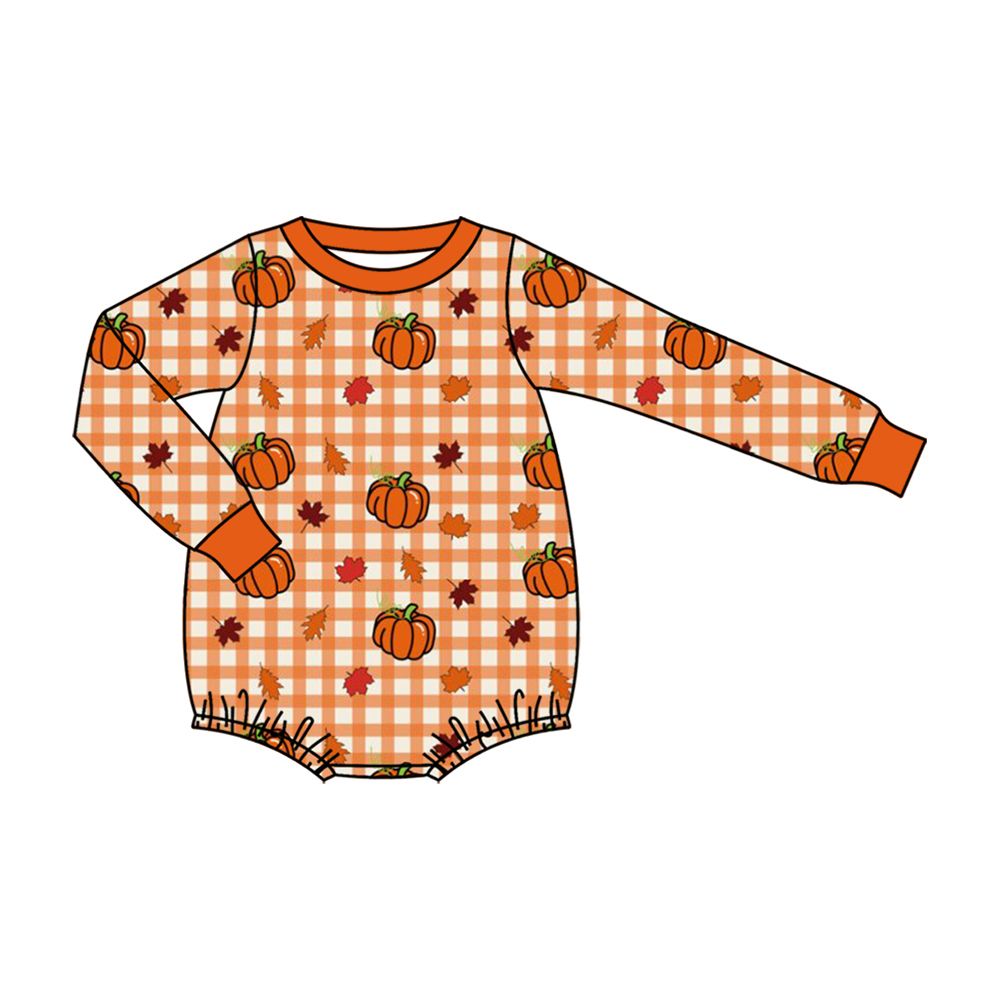 ( Moq 5 ) Preorder Baby Boys Infant Long Sleeves Pumpkins Orange Plaid Fall Bubble Romper Clothes