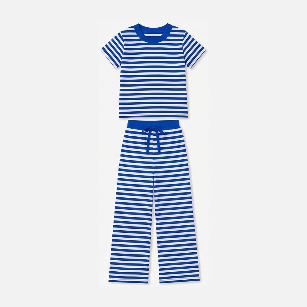 ( Moq 5 ) Preorder Baby Girls Kids Short Sleeves Blue Stripes Shirt Pants Pajamas Set Clothes