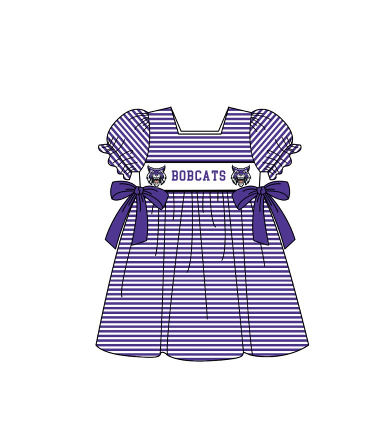 ( Moq 5 ) Baby Girls Toddler Short Sleeves Purple Stripes Bows Knee Length Dress
