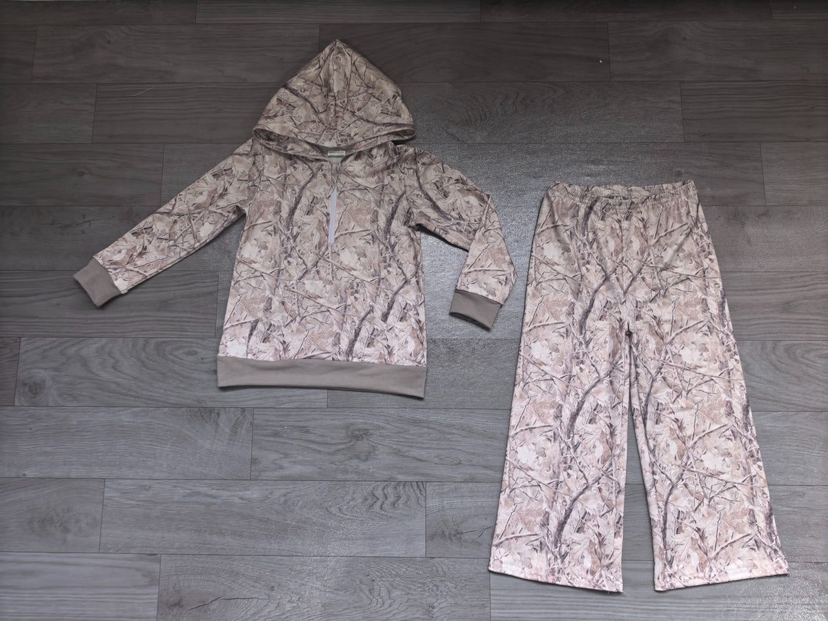 ( No moq ) Preorder Baby Girls Kids Long Sleeves Leaves Hoodie Zipper Shirt Pockets Pants Grey Set Clothes