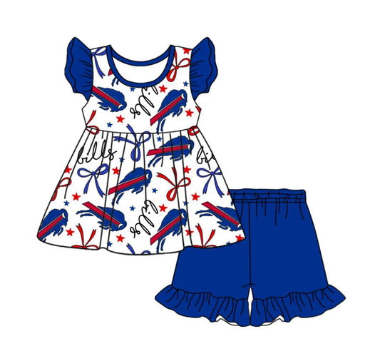 Baby Girl Short Sleeves Team Cow Bows Tunic Blue Shorts Clothes Set ( Moq 5 )