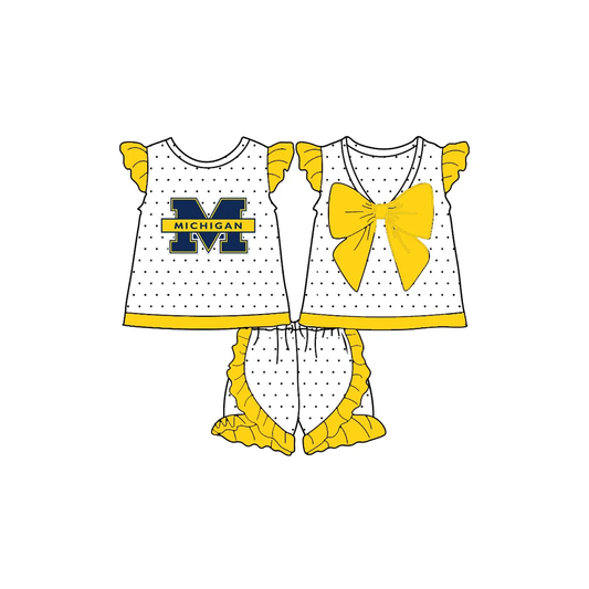 Moq 5 Baby Girl Short Sleeves Yellow Big Bow Tops Shorts Team Set