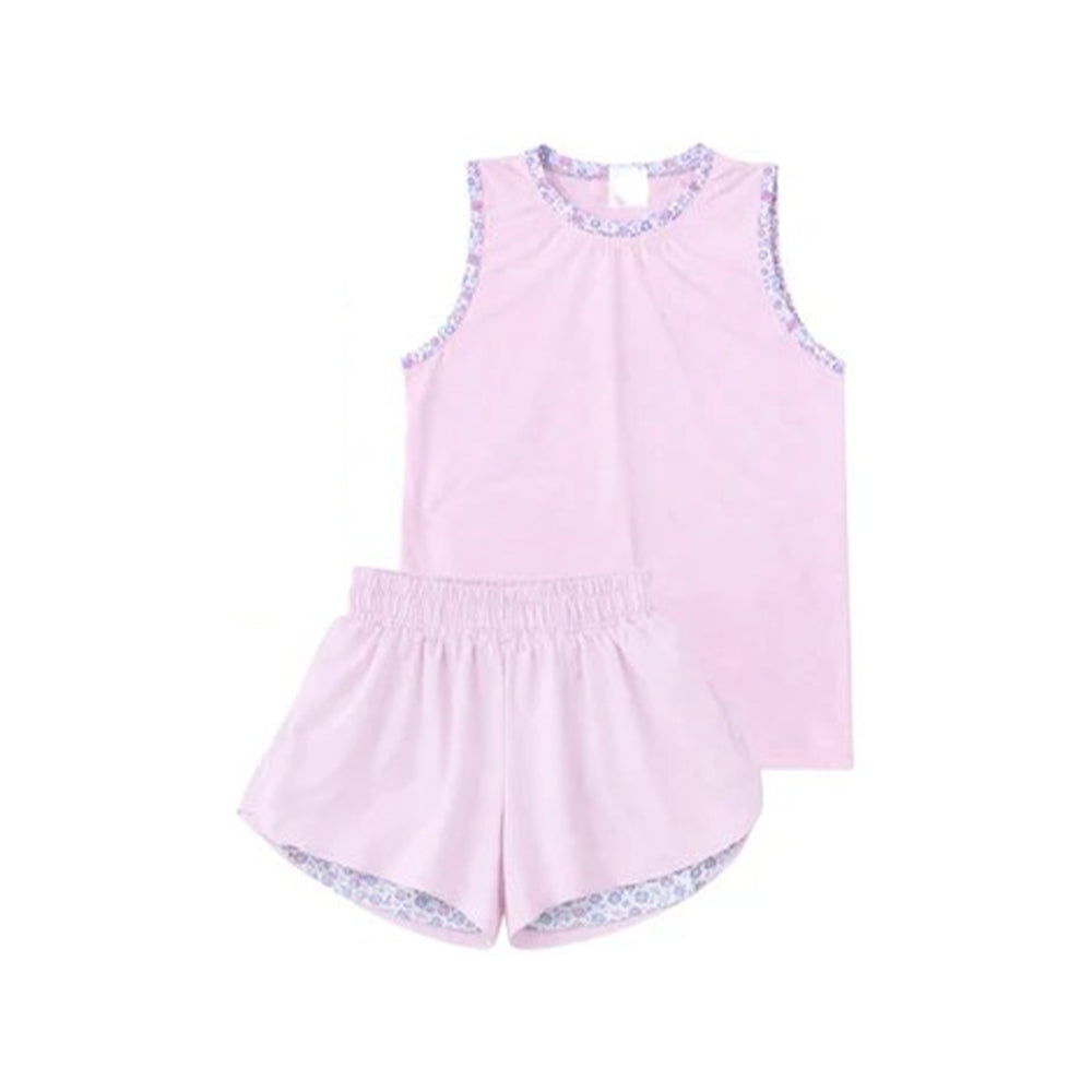 ( Moq 5 ) Preorder Baby Girls Kids Sleeveless Pink Tops Ruffle Shorts Set Yoga Active Clothes