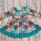 Baby Girl Long Sleeves Western Cow Aztec Green Ruffle Knee Length Dress RTS