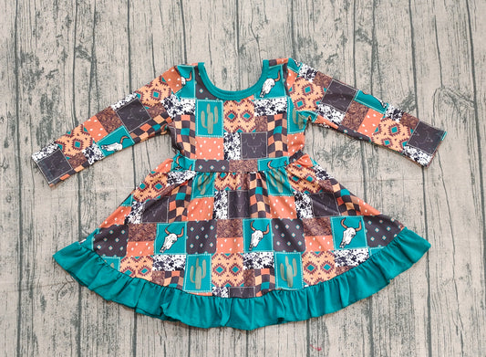 ( No moq ) Preorder Baby Girl Long Sleeves Western Cow Aztec Dress