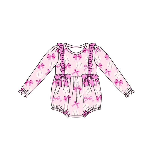 Baby Girl Infant Long Sleeves Valentines Pink Bows Baseball Bubble Romper Moq 5