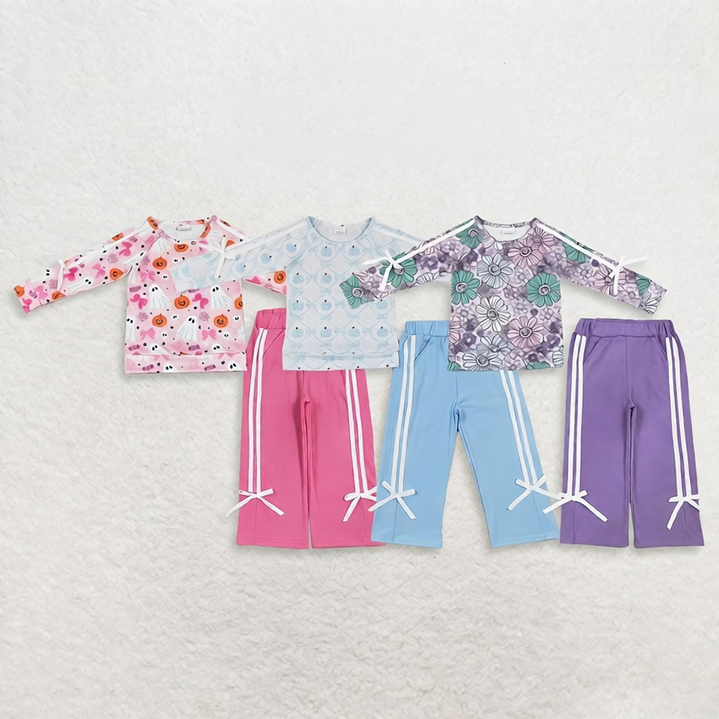 Sibling Baby Girls Kids Ghosts Pumpkins Bows Shirts Pockets Pants Sets Fall Clothes RTS