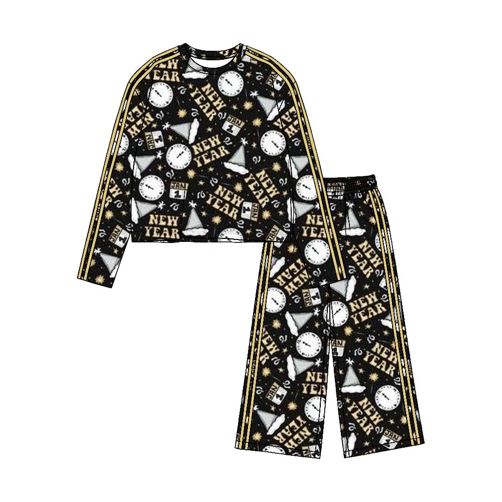 ( Moq 5 ) Preorder Baby Girls Kids Long Sleeves Shirt Pants Happy New Year Set Black Yoga Active Clothes