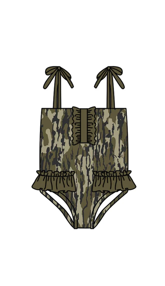 ( Moq 5 ) Preorder Baby Girls Kids Sleeveless Camo Ruffle Summer One-piece Swimsuit