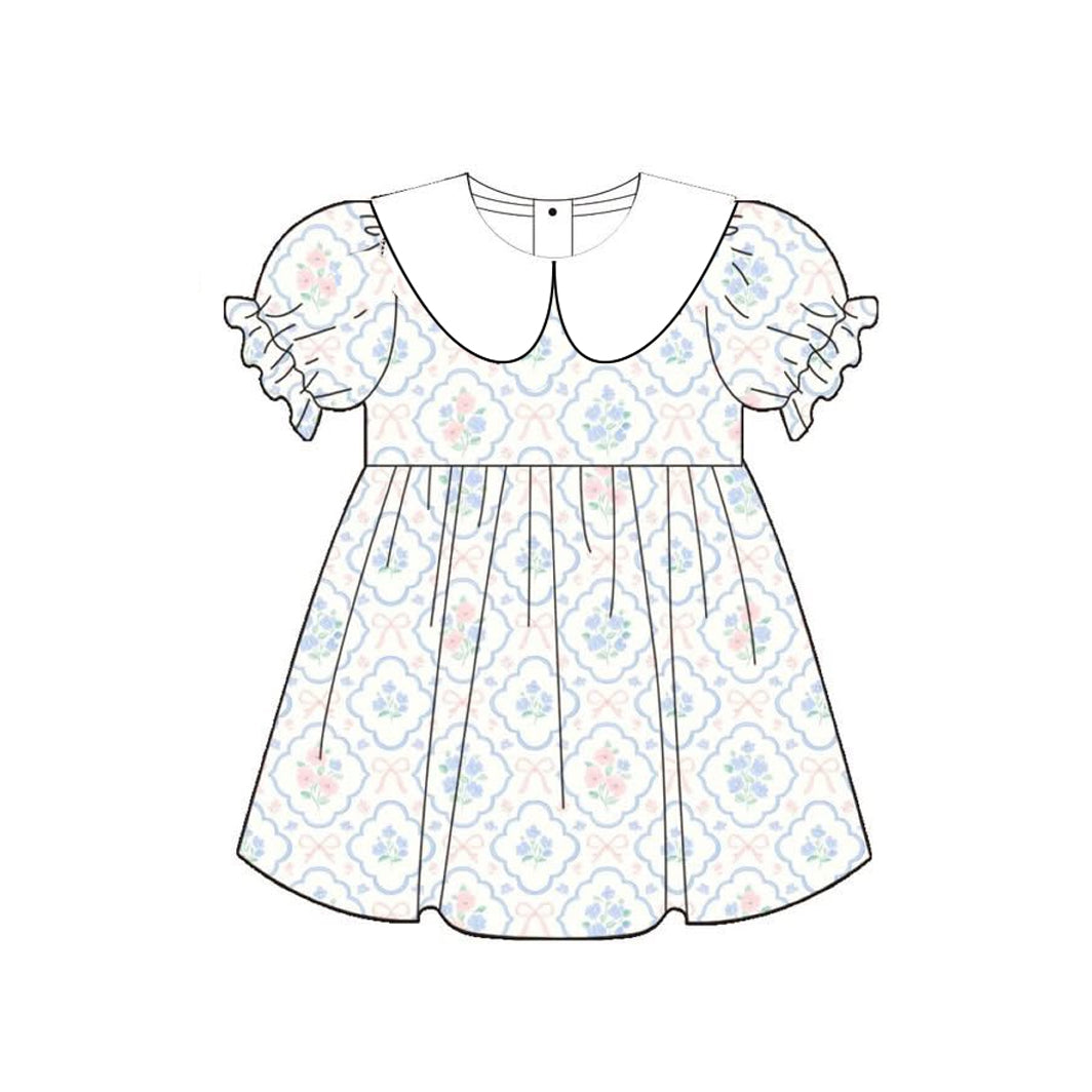 ( Moq 5 )  Preorder Baby Girls Kids Short Sleeves Floral Bows Knee Length Dress Clothes