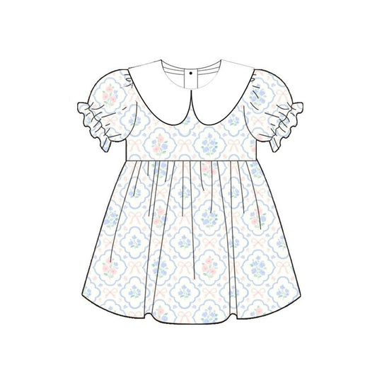 ( Moq 5 )  Preorder Baby Girls Kids Short Sleeves Floral Bows Knee Length Dress Clothes