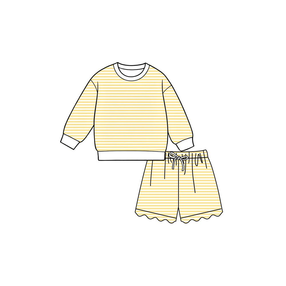 ( Moq 5 ) Preorder Baby Girls Kids Long Sleeves Yellow Stripes Shirt Scallop Shorts Set Yoga Active Clothes