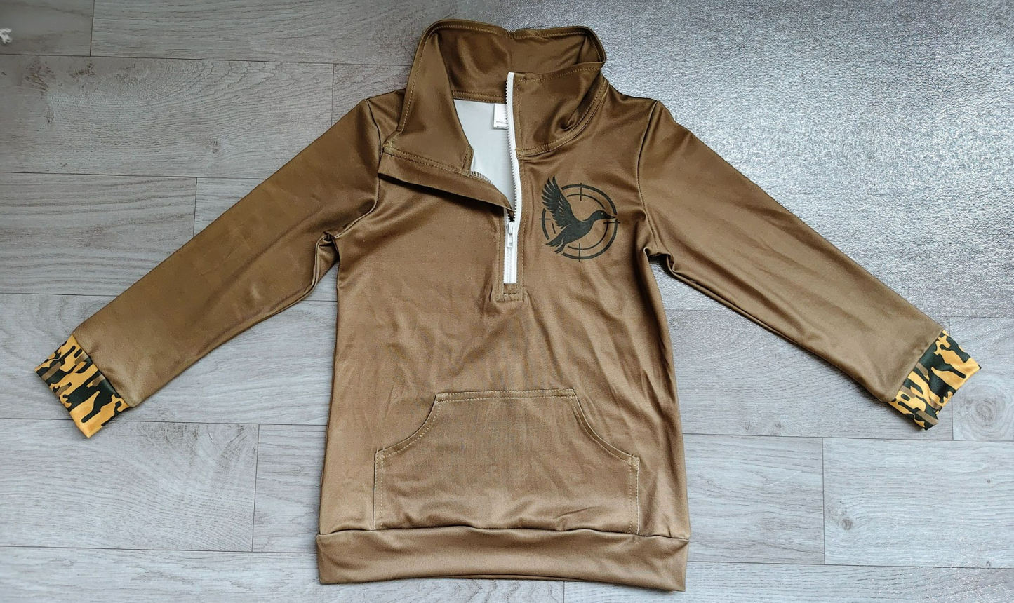 ( No moq ) Preorder Baby Kids Long Sleeves Duck Zipper Pocket Shirt Hunting Pullover