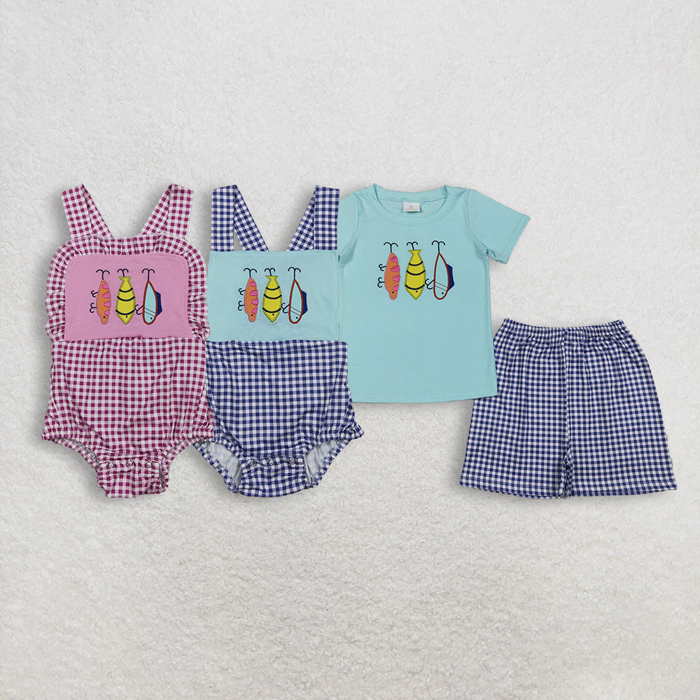 Sibling Baby Boys Girls Kids Embroidery Fishing Plaid Bubble Rompers Set RTS