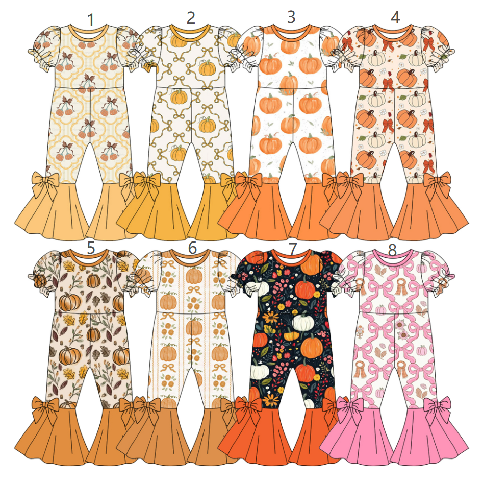 ( Moq 5 Each Style ) Sibling Baby Girls Kids Short Sleeves Pumpkins Bows Jumpsuits  Fall Clothes