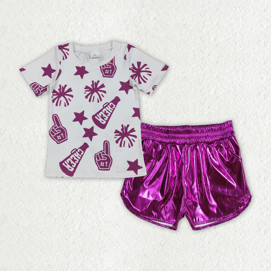 Baby Girl Short Sleeveless Cheer Shirt Purple Pockets Leather Shorts Set RTS