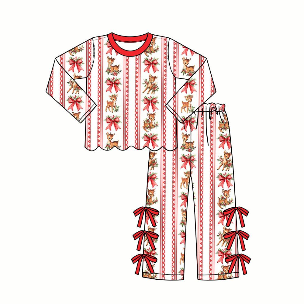 ( Moq 5 ) Preorder Baby Girls Kids Long Sleeves Christmas Bows Deer Shirt Pants Set Clothes