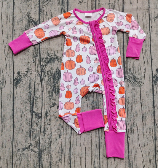 ( No moq ) Preorder Baby Boy Long Sleeves Pumpkins Fall Pink Ruffle Zipper Pajamas Romper
