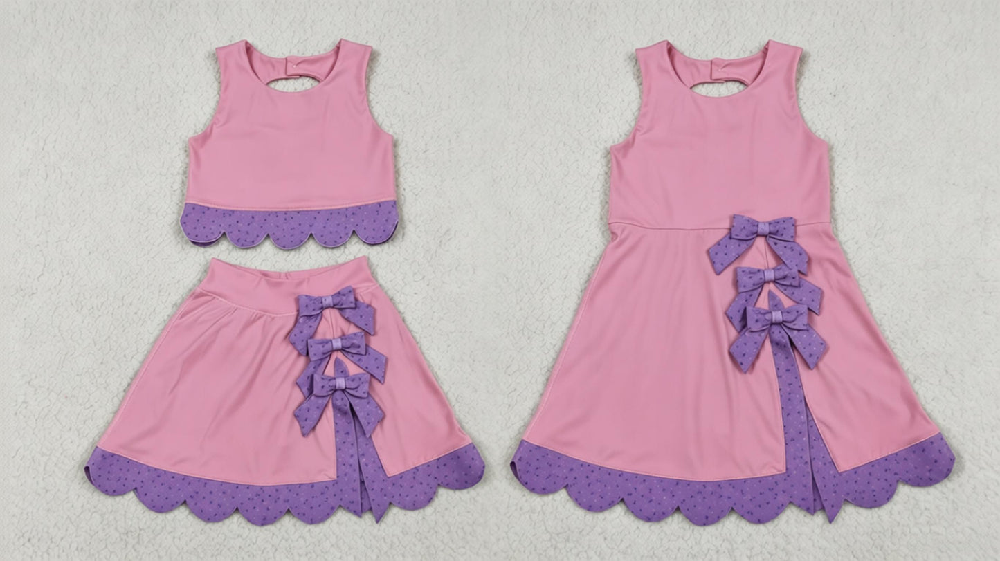 Sibling Baby Girls Kids Sleeveless Floral Bows Pink Skort Yoga Active Dress Set Clothes RTS