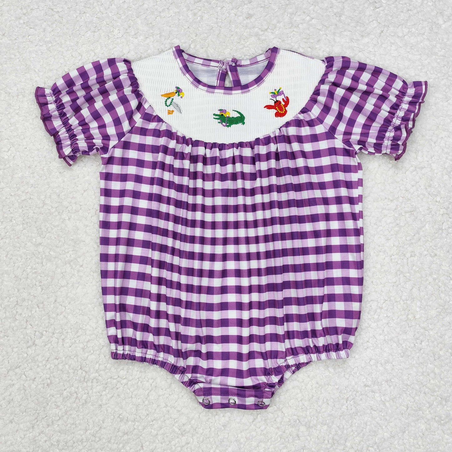 Baby Girl Infant Embroidery Purple Checkered Mardi Gras Bubble Smocked Romper