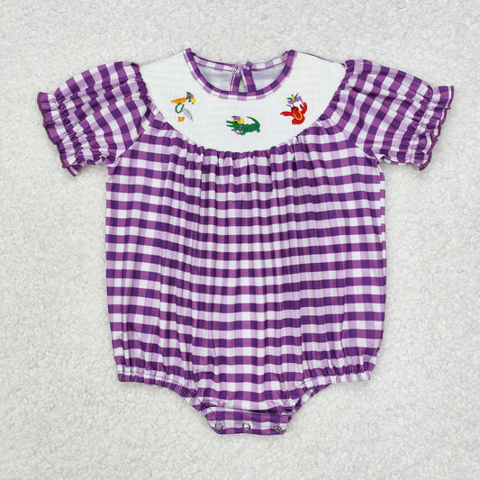 Baby Girl Infant Embroidery Purple Checkered Mardi Gras Bubble Smocked Romper