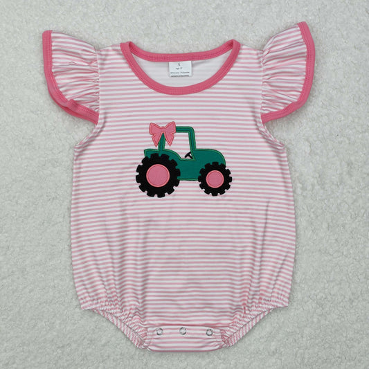 Baby Girl Infant Short Sleeves Embroidery Tractor Bow Pink Bubble Romper