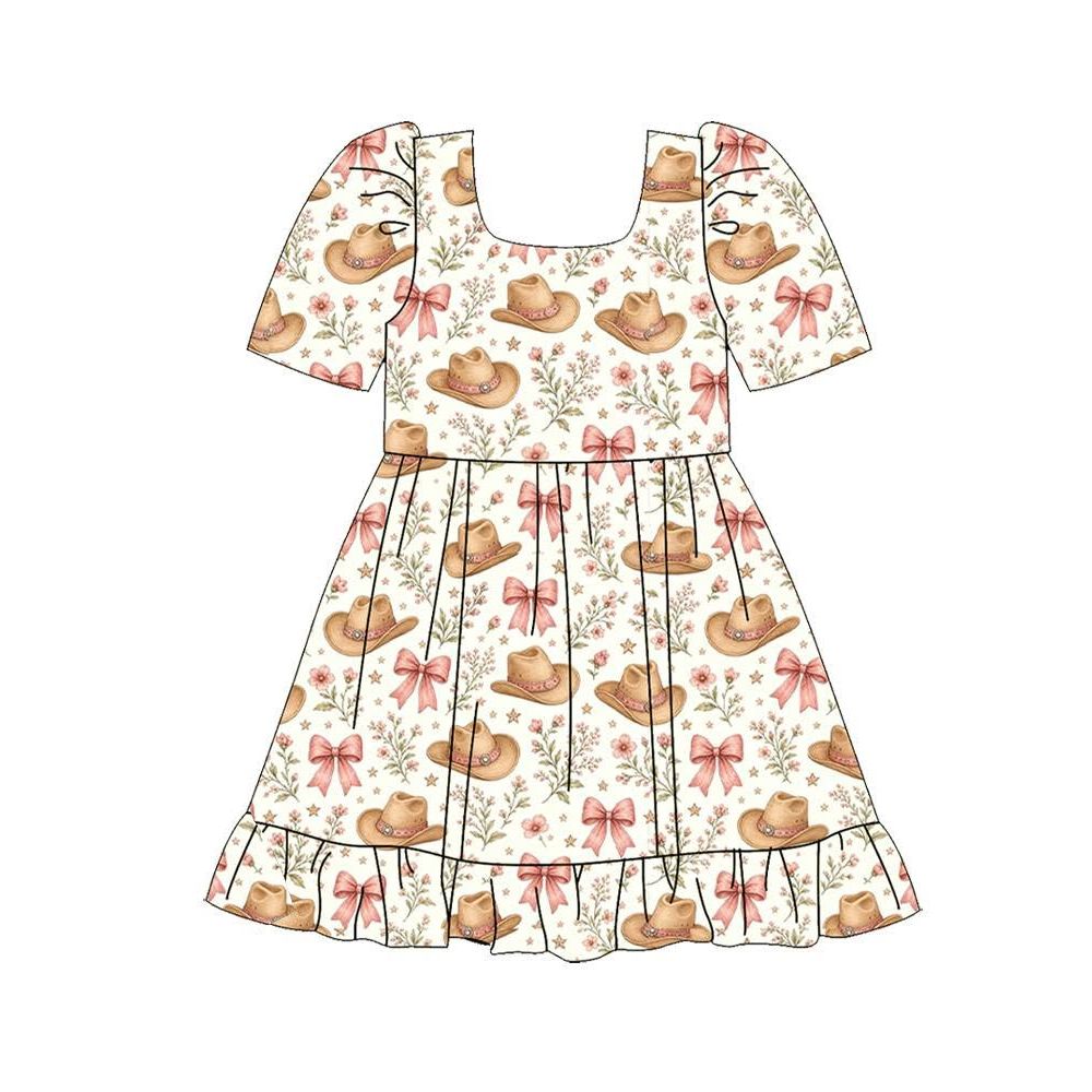 ( Moq 5 ) Preorder Baby Girls Kids Short Sleeves Hats Bows Flower Knee Length Ruffle Dress Clothes