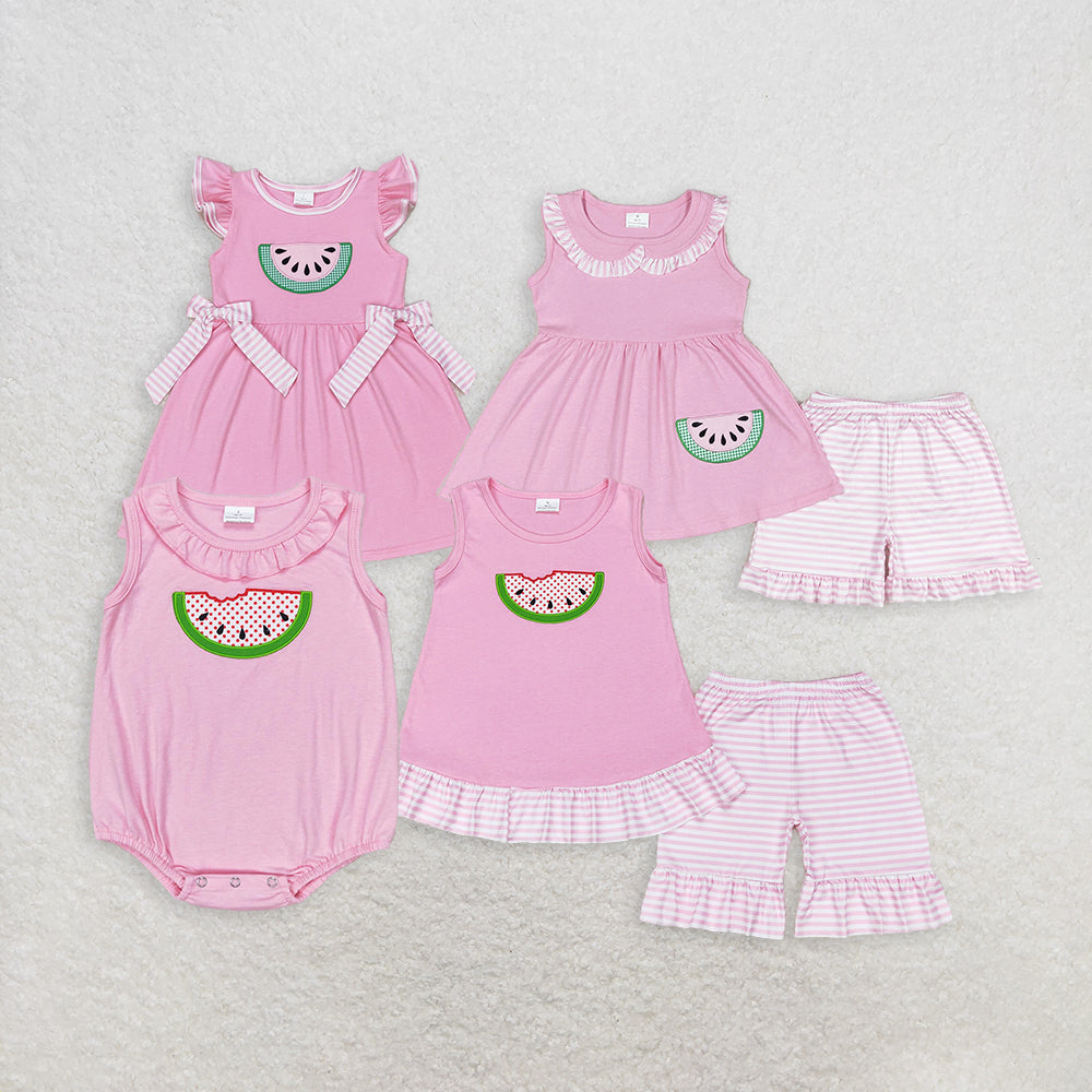 Baby Girl Sleeveless Embroidery Watermelon Pink Sibling Dress Set RTS
