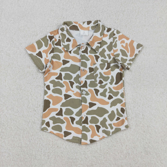 Boys Kids Short Sleeves Green Orange Camo Hunting Buttons Shirt Tops Clothes RTS
