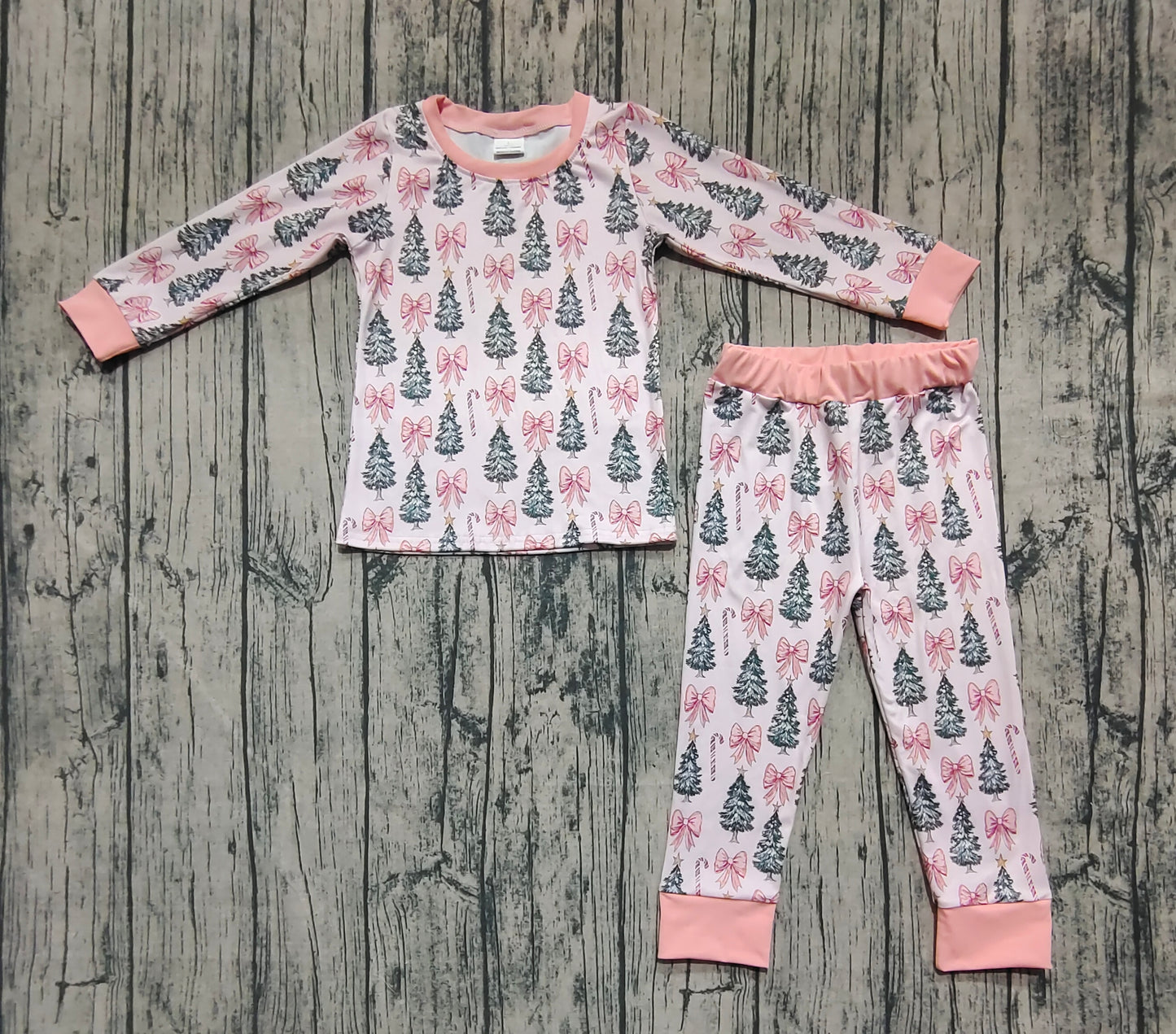 Baby Girl Long Sleeves Tree Bows Christmas Shirt Pants Pink Pajamas Set RTS