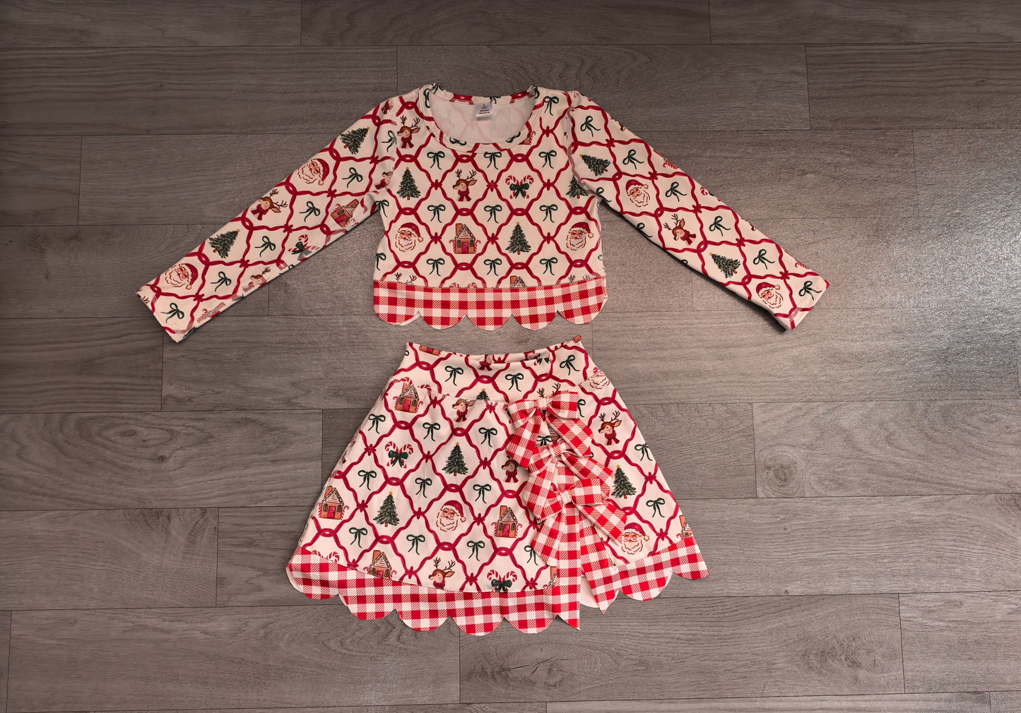 ( No moq ) Preorder Baby Girls Kids Christmas Santa Shirt Bows Scallop Skirt Shorts Yoga Active Set Clothes
