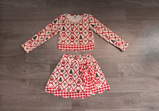 ( No moq ) Preorder Baby Girls Kids Christmas Santa Shirt Bows Scallop Skirt Shorts Yoga Active Set Clothes