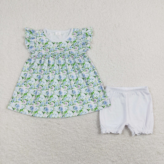 GSSO0601 Baby Girl Short Sleeves Floral Tunic White Cotton Shorts Set