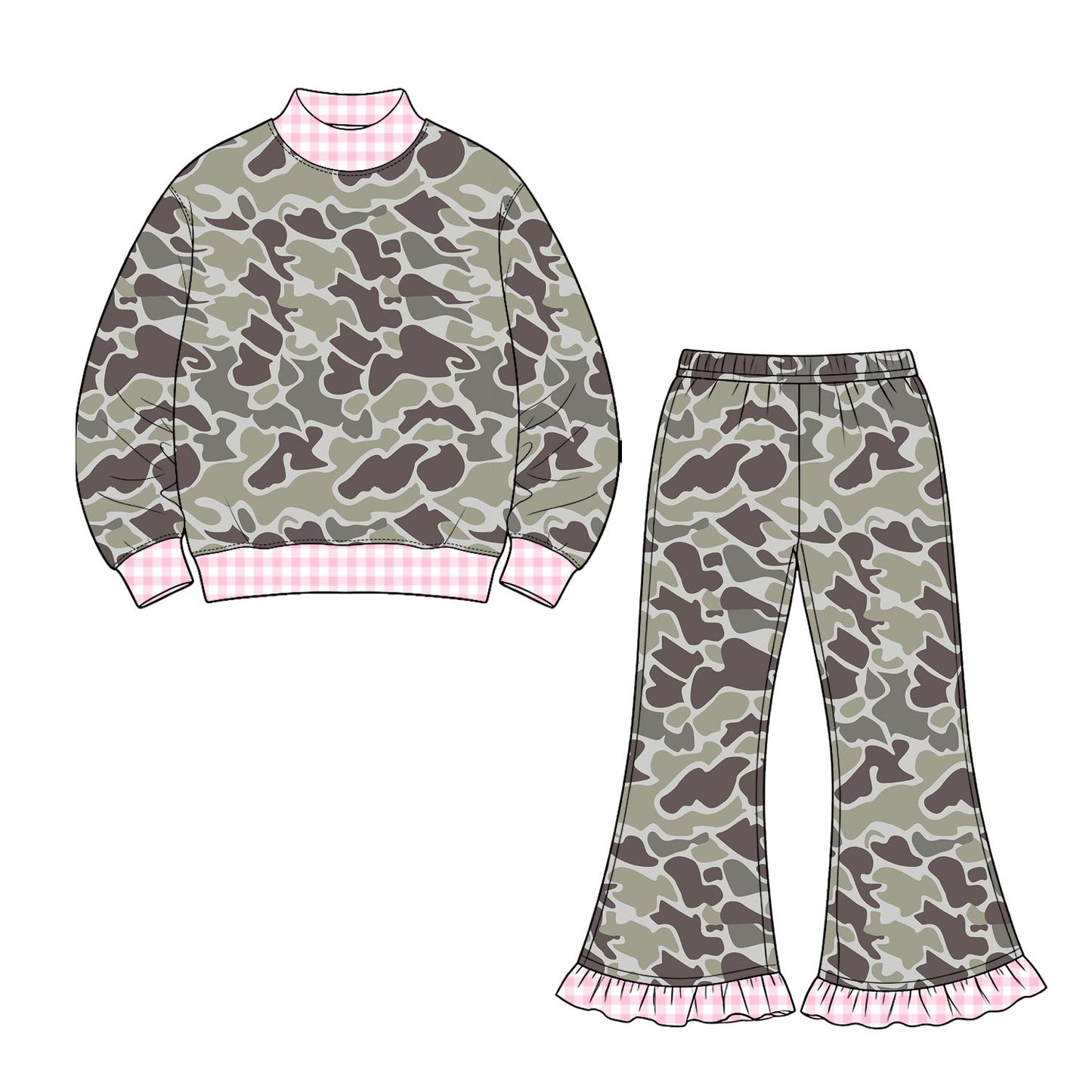 ( Moq 5 ) Preorder Baby Girls Kids Plaid Pullover Dark Grey Camo Bell Pants Set Clothes