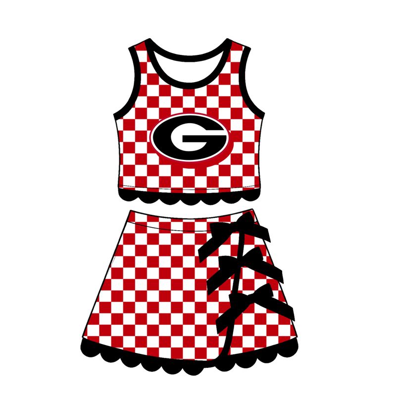 ( Moq 5 ) Preorder Baby Girls Kids Red Checked Shirt Scallop Bows Skirt Shorts Team Set Yoga Active Clothes