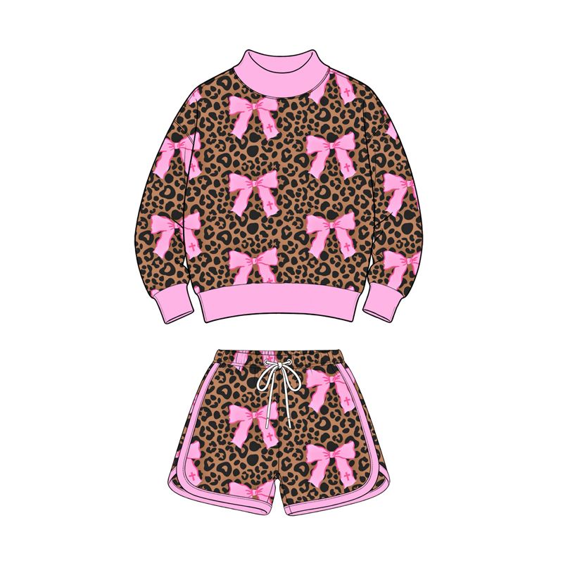 ( Moq 5 ) Preorder Baby Girls Kids Long Sleeves Pink Bows Leopard Shirt Shorts Set Clothes