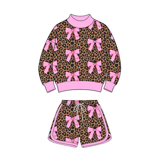 ( Moq 5 ) Preorder Baby Girls Kids Long Sleeves Pink Bows Leopard Shirt Shorts Set Clothes