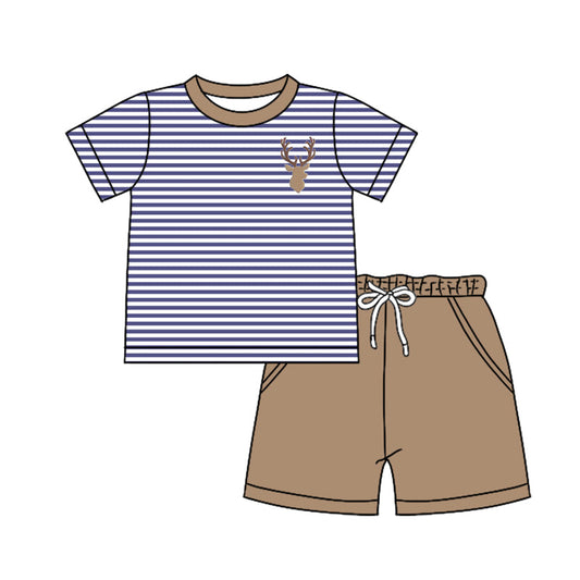 Baby Boy Short Sleeves Stripes Deer Hunting Shirt Pockets Shorts Clothes Set Moq 5