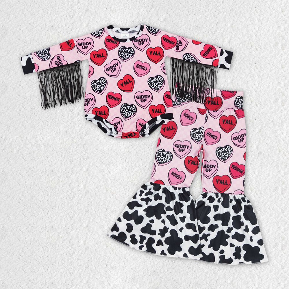 GLP1152 Baby Girl Long Sleeves Tassel Romper Hearts Bell Pants Valentine's Set