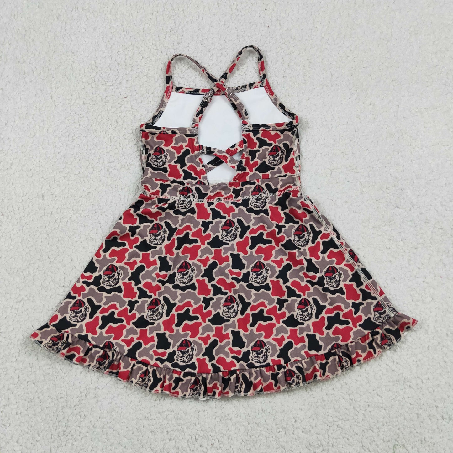Baby Girls Kids Straps Dogs Camo Print Team Yoga Ruffle Knee Length Dress RTS
