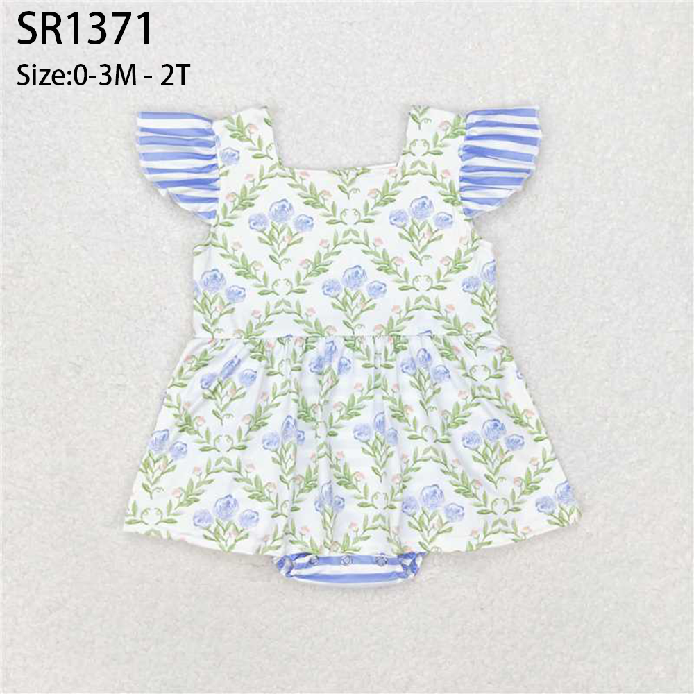 Baby Girl Short Sleeves Flower Stripes One Piece Romper
