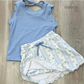 ( Moq 5 ) Preorder Baby Girls Kids Blue Scallop Tops Floral Pockets Skirt Shorts Yoga Summer Set